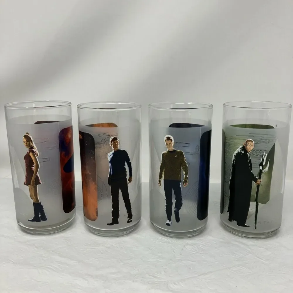 Complete Set4 STAR TREK Character Frosted Glasses 16oz Kirk Spock Uhura Nero ‘08
